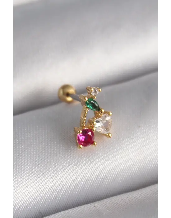 316L Çelik Gold Renk Zirkon Taşlı Kiraz Tragus Piercing