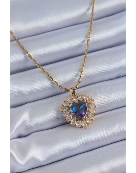 316L Çelik Gold Renk Zirkon Taşlı Kristal Mor Kalp Model Kadın Kolye