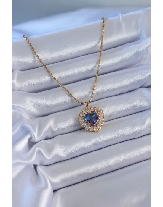 316L Çelik Gold Renk Zirkon Taşlı Kristal Mor Kalp Model Kadın Kolye