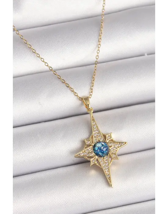 Altın Zirkon Taşlı Kutup Yıldız Model Çelik Kolye