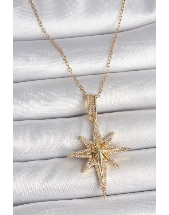 316L Çelik Gold Renk Zirkon Taşlı Kutup Yıldız Model Kadın Kolye