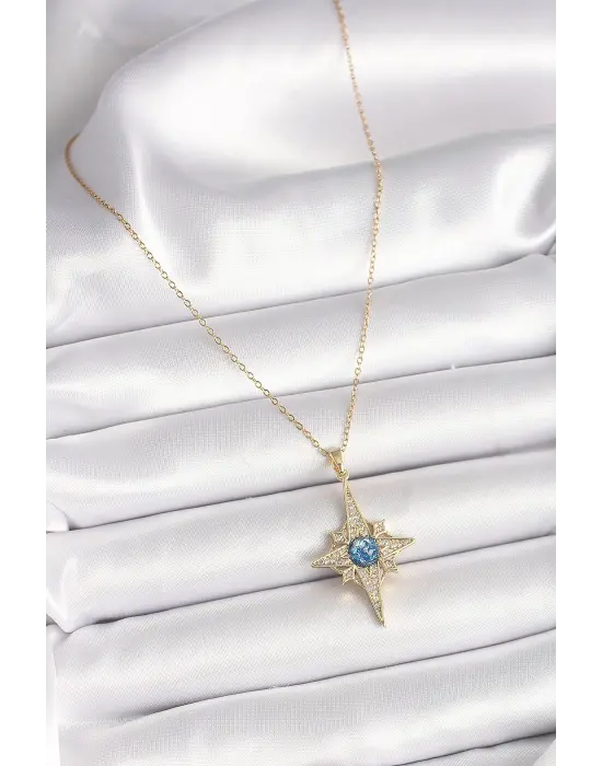 Altın Zirkon Taşlı Kutup Yıldız Model Çelik Kolye