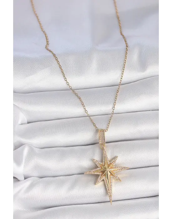 316L Çelik Gold Renk Zirkon Taşlı Kutup Yıldız Model Kadın Kolye