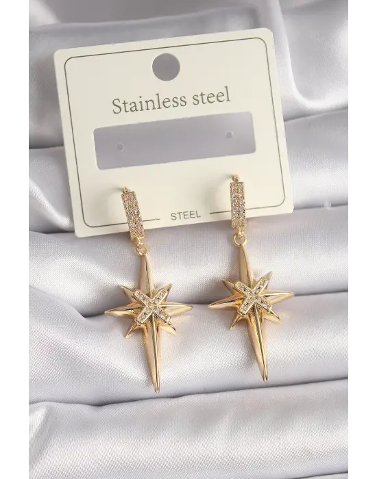   Altın Zirkon Taşlı Kutup Yıldız Model Çelik Küpe