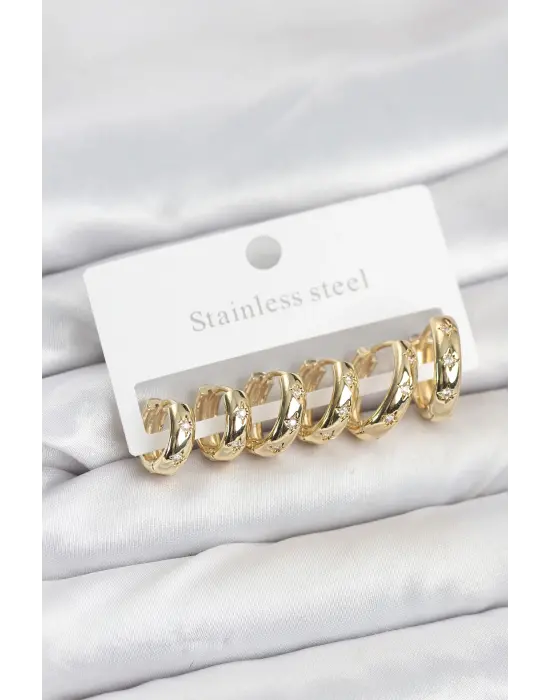 316L Çelik Gold Renk Zirkon Taşlı Kutup Yıldızı Model Halka Küpe Seti