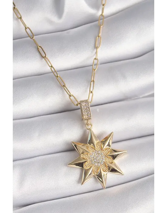  Altın  Zirkon Taşlı Kutup Yıldızı Model  Çelik Kolye