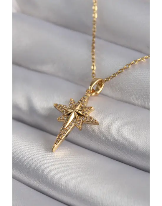  Altın  Zirkon Taşlı Kutup Yıldızı Model  Çelik Kolye