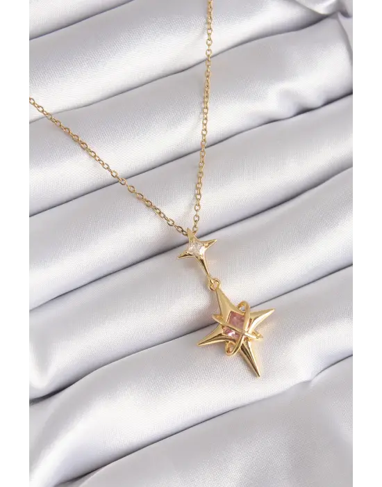  Altın  Zirkon Taşlı Kutup Yıldızı Model  Çelik Kolye