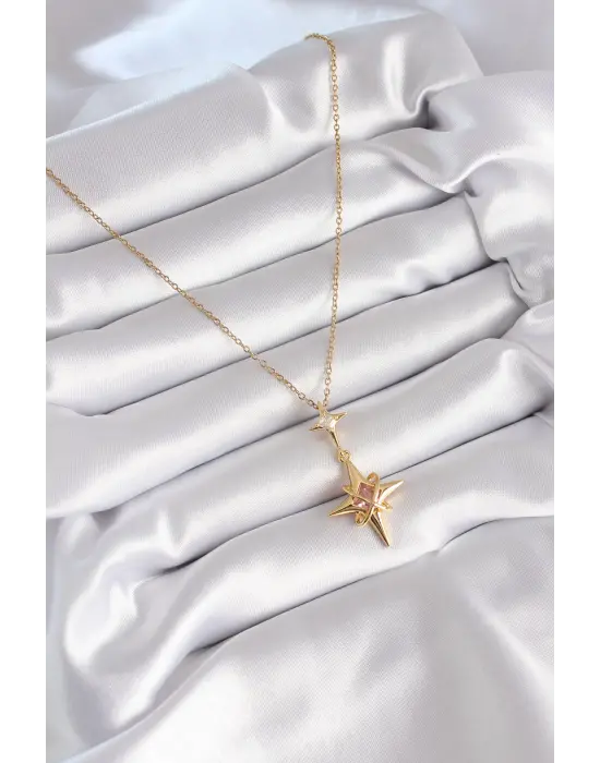  Altın  Zirkon Taşlı Kutup Yıldızı Model  Çelik Kolye