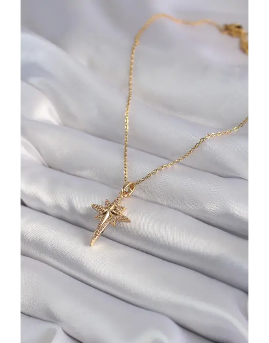  Altın  Zirkon Taşlı Kutup Yıldızı Model  Çelik Kolye