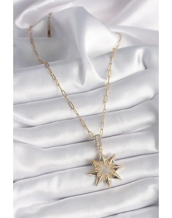  Altın  Zirkon Taşlı Kutup Yıldızı Model  Çelik Kolye