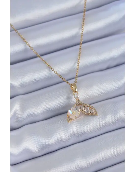  Altın  Zirkon Taşlı Martı Model Çiçek Detay  Çelik Kolye