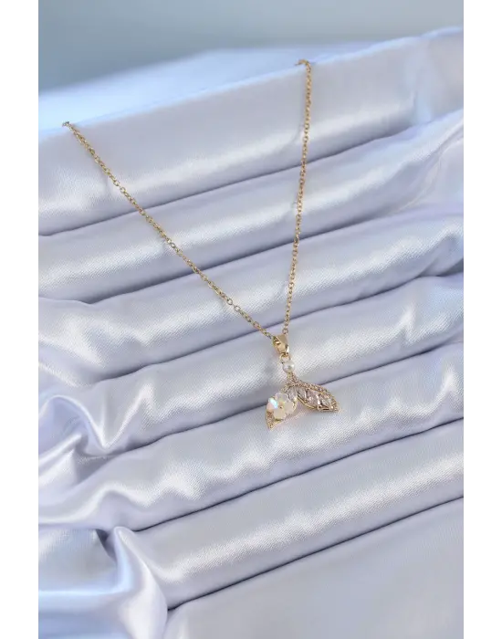  Altın  Zirkon Taşlı Martı Model Çiçek Detay  Çelik Kolye