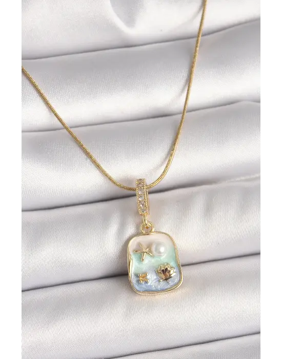 316L Çelik Gold Renk Zirkon Taşlı Mavi Deniz Kabuğu Yıldızı İşlemeli Portre Model Kadın Kolye