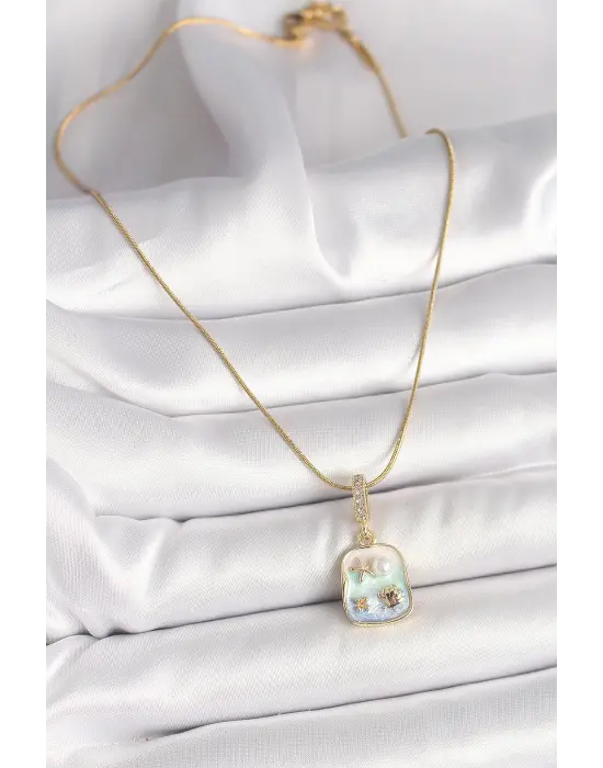 316L Çelik Gold Renk Zirkon Taşlı Mavi Deniz Kabuğu Yıldızı İşlemeli Portre Model Kadın Kolye