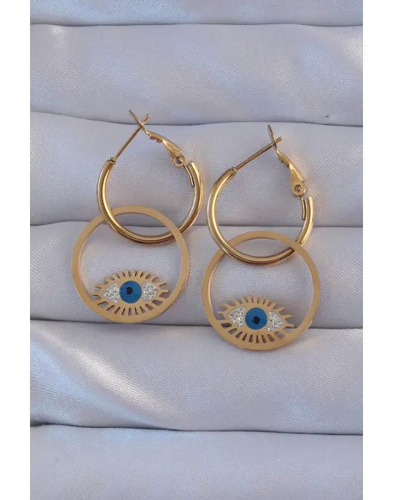   Altın Zirkon Taşlı Mavi Göz Tasarımlı Halka Küpe