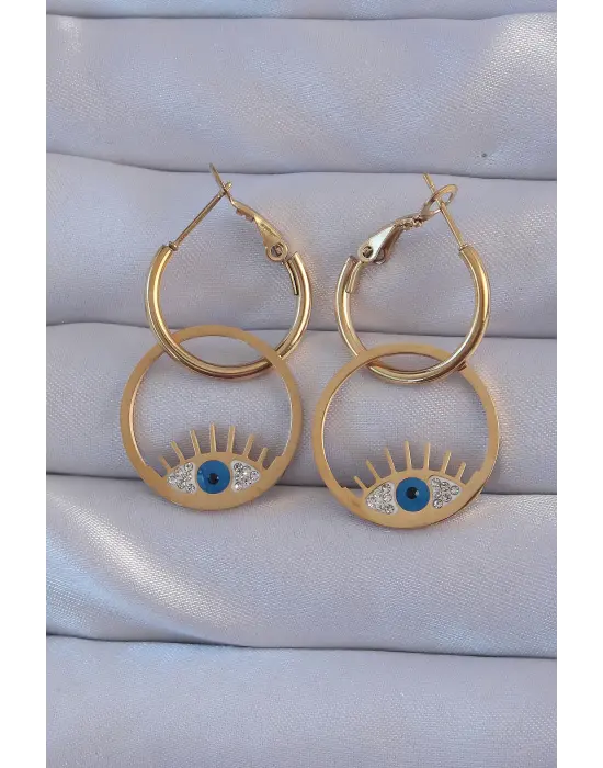   Altın Zirkon Taşlı Mavi Göz Tasarımlı Halka Küpe