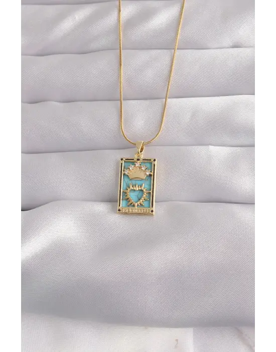  Altın  Zirkon Taşlı Mavi Mineli Taçlı Kalp Figür Tarot Çelik Kolye