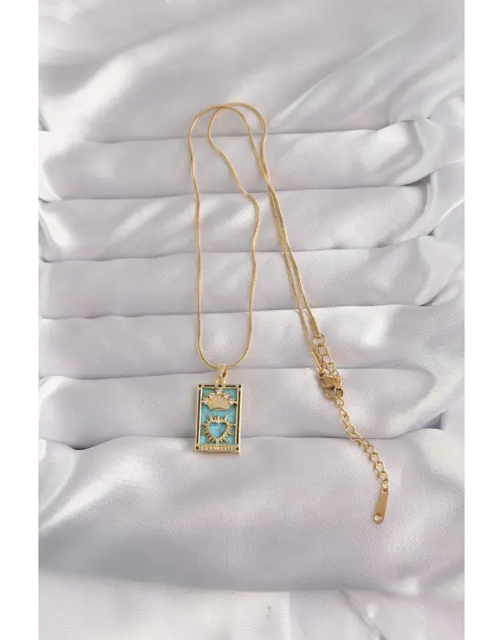  Altın  Zirkon Taşlı Mavi Mineli Taçlı Kalp Figür Tarot Çelik Kolye