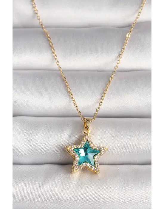  Altın  Zirkon Taşlı Mavi Yıldız Model  Çelik Kolye