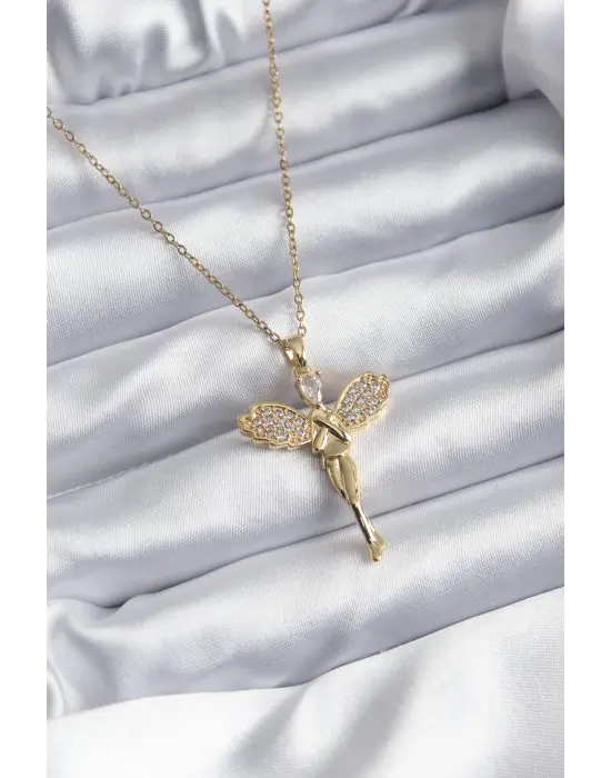 Altın  Zirkon Taşlı Melek Model  Çelik Kolye
