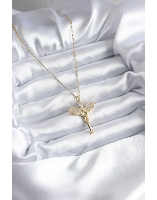  Altın  Zirkon Taşlı Melek Model  Çelik Kolye