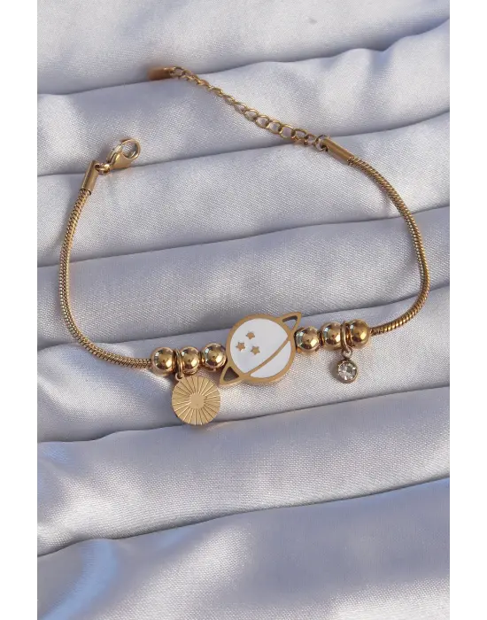 316L Çelik Gold Renk Zirkon Taşlı Mineli Satürn Tasarımlı Bileklik