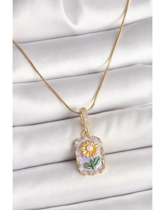 316L Çelik Gold Renk Zirkon Taşlı Mor Papatya İşlemeli Portre Model Kadın Kolye