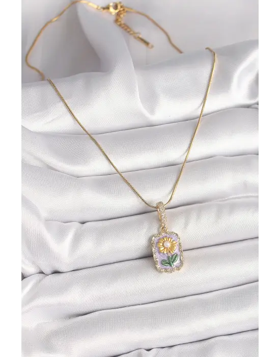316L Çelik Gold Renk Zirkon Taşlı Mor Papatya İşlemeli Portre Model Kadın Kolye