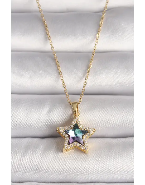  Altın  Zirkon Taşlı Mor Yıldız Model  Çelik Kolye