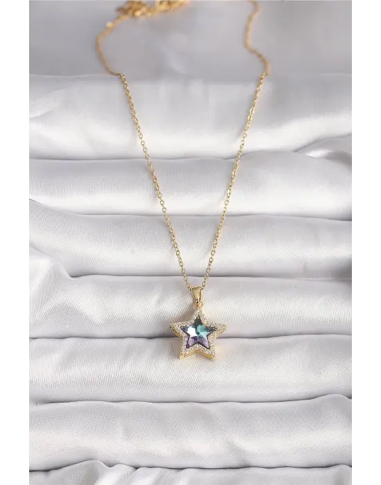  Altın  Zirkon Taşlı Mor Yıldız Model  Çelik Kolye