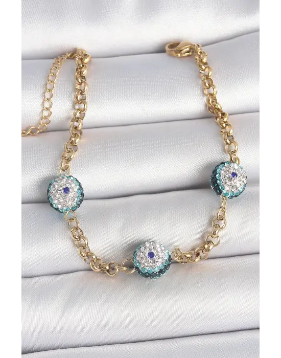 316L Çelik Gold Renk Zirkon Taşlı Nazar Boncuk Model Kadı Bileklik