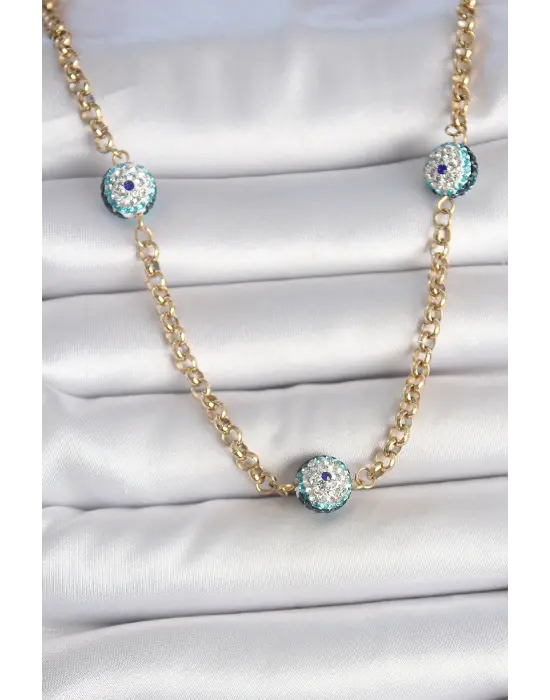 316L Çelik Gold Renk Zirkon Taşlı Nazar Boncuk Model Kadın Kolye