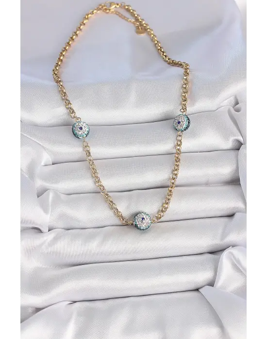 316L Çelik Gold Renk Zirkon Taşlı Nazar Boncuk Model Kadın Kolye