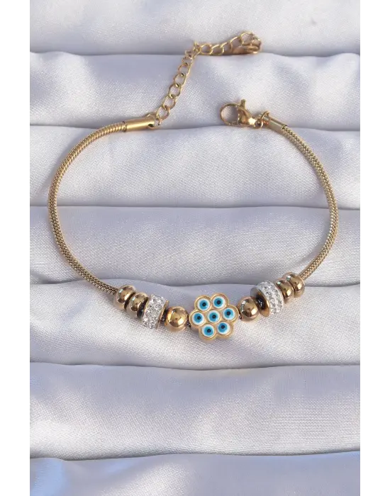 316L Çelik Gold Renk Zirkon Taşlı Nazarlı Çiçek Tasarımlı Bileklik
