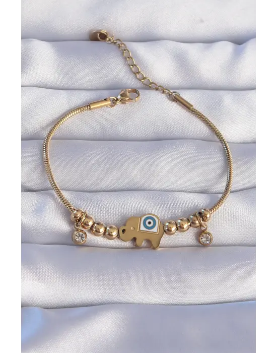 316L Çelik Gold Renk Zirkon Taşlı Nazarlı Fil Tasarımlı Bileklik