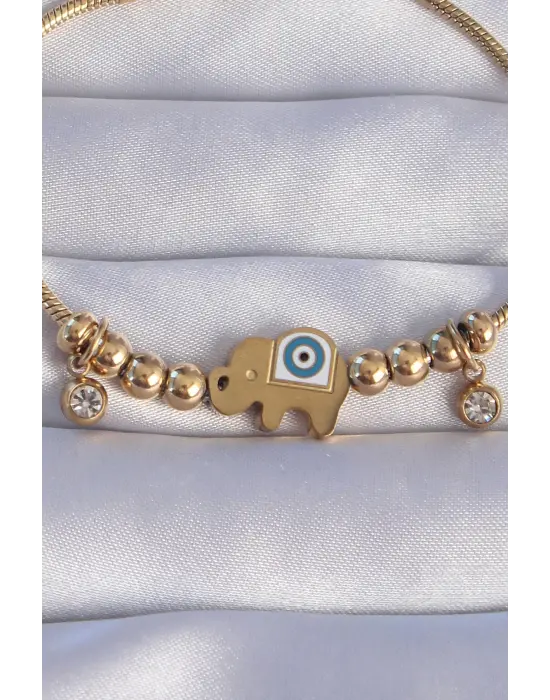 316L Çelik Gold Renk Zirkon Taşlı Nazarlı Fil Tasarımlı Bileklik