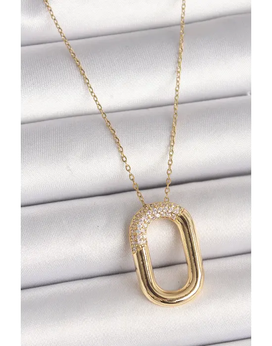  Altın  Zirkon Taşlı Oval Model  Çelik Kolye