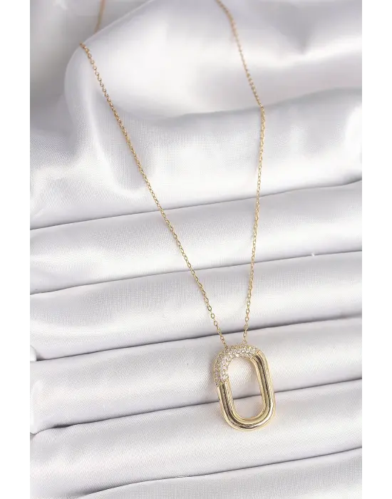  Altın  Zirkon Taşlı Oval Model  Çelik Kolye