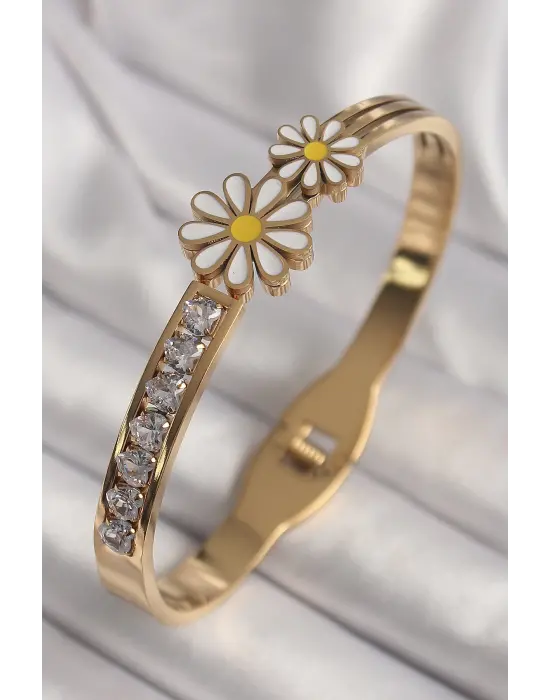316L Çelik Gold Renk Zirkon Taşlı Papatya Model Kadın Kelepçe