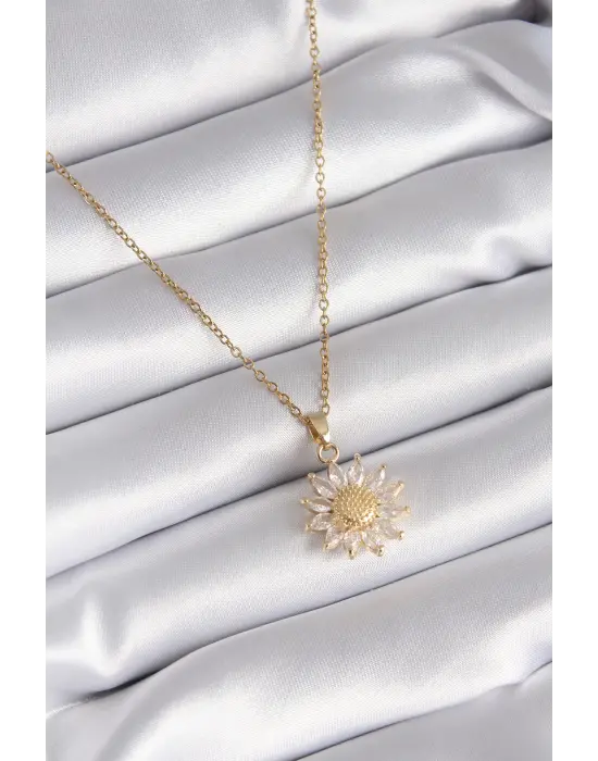  Altın  Zirkon Taşlı Papatya Model  Çelik Kolye