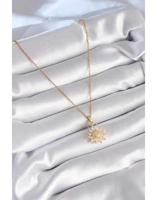  Altın  Zirkon Taşlı Papatya Model  Çelik Kolye