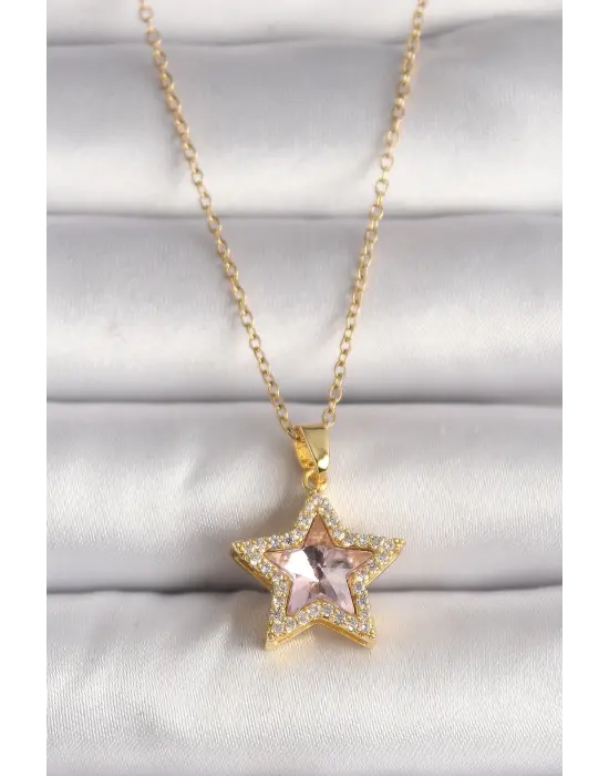  Altın  Zirkon Taşlı Pembe Yıldız Model  Çelik Kolye