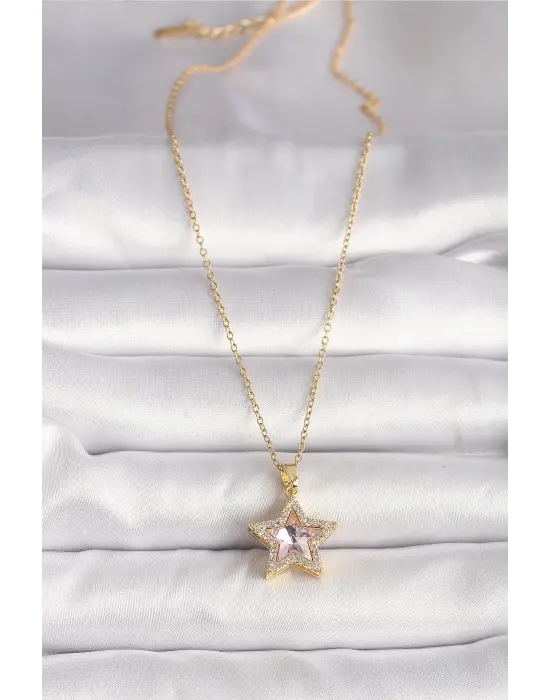  Altın  Zirkon Taşlı Pembe Yıldız Model  Çelik Kolye