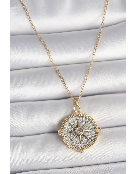 316L Çelik Gold Renk Zirkon Taşlı Pusula Model Kadın Kolye