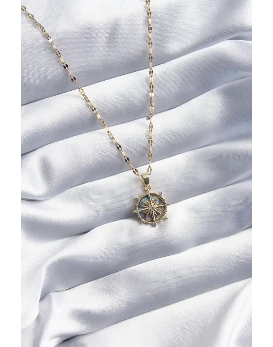 316L Çelik Gold Renk Zirkon Taşlı Pusula Model Kadın Kolye