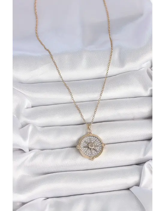 316L Çelik Gold Renk Zirkon Taşlı Pusula Model Kadın Kolye