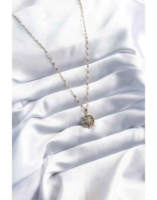 316L Çelik Gold Renk Zirkon Taşlı Pusula Model Kadın Kolye