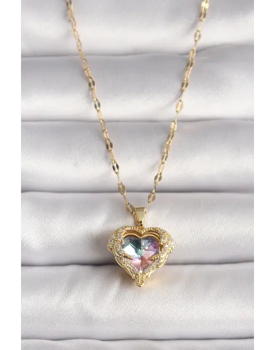  Altın  Zirkon Taşlı li Kalp Model  Çelik Kolye