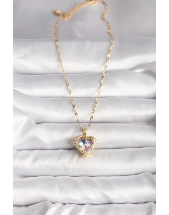  Altın  Zirkon Taşlı li Kalp Model  Çelik Kolye